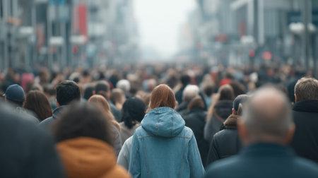 A vibrant urban scene featuring a large crowd of individuals walking away, capturing the essence of modern life with varied fashion styles and a diverse population.の素材