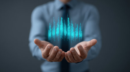 This image showcases sound waves illustrated in vibrant blue colors emerging from open hands, representing technology and innovation in a modern business context.の素材
