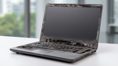 A burnt laptop sits on a sleek table in a modern office. The charred device shows damage from fire, highlighting safety issues with electronics in workspaces.の素材