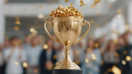 A gleaming golden trophy filled with confetti stands prominently in a celebratory office setting, symbolizing success, achievement, and recognition among enthusiastic individuals.の素材