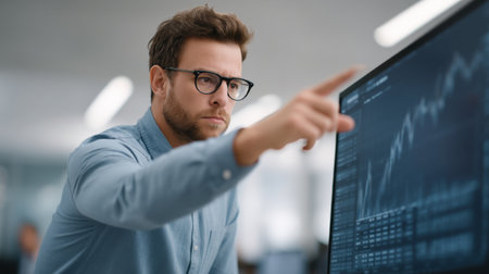 A focused businessman examines stock market trends displayed on a computer screen in a sleek office setting, emphasizing financial analysis and strategic insights.の素材