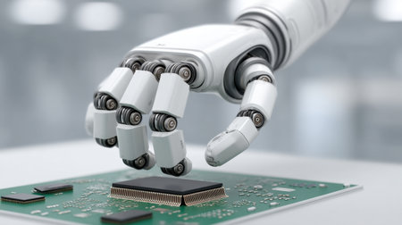 A robotic hand poised above a computer chip on a circuit board, symbolizing the integration of advanced technology and artificial intelligence in modern innovation.の素材