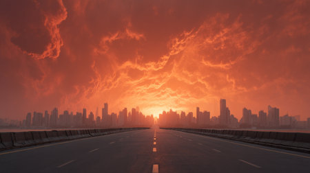 Experience the stunning beauty of a vibrant sunset illuminating a city skyline, with dramatic clouds creating a surreal atmosphere over an empty road.の素材