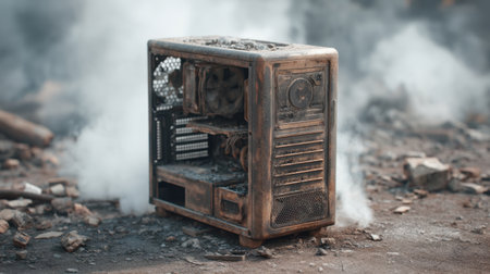 This striking image features a burnt computer case on a desolate surface, surrounded by smoke and ashes, evoking a sense of loss and forgotten technology in a haunting atmosphere.の素材