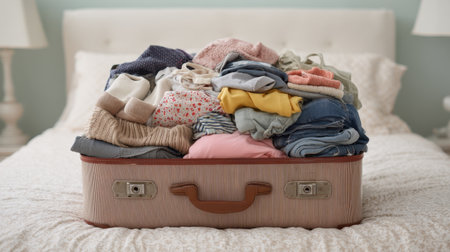 A packed suitcase overflowing with various colorful clothes sits on a cozy bed, illustrating the challenges of travel preparation and the excitement of upcoming adventures.の素材