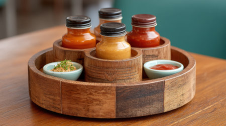 A captivating assortment of sauces in glass bottles sits on a beautifully crafted wooden tray, perfect for enhancing flavors in any dining experience.の素材