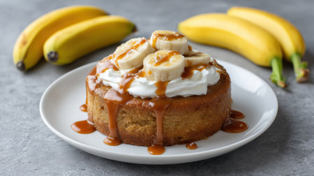 A mouthwatering banana cake featuring creamy whipped topping and fresh banana slices, generously drizzled with caramel sauce, perfect for any occasion.の素材