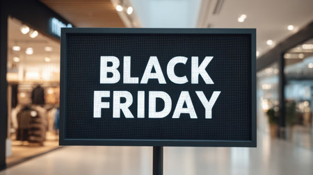 Captivating display sign showcasing "Black Friday" in a bustling retail setting, perfect for highlighting promotional events and drawing in shoppers during holiday sales.の素材