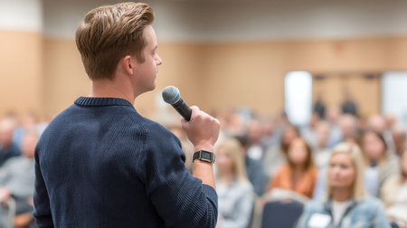 A young man stands confidently speaking into a microphone, addressing an attentive audience in a spacious conference room, inspiring engagement and discussion.の素材