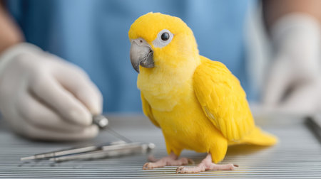 A bright yellow parakeet sits calmly on a table during a veterinary examination. Medical tools and gloved hands indicate professional care and attention to animal health.の素材
