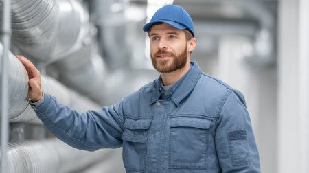 A cheerful male worker wearing a blue jacket and cap stands near large metal pipes in a modern industrial environment, showcasing professionalism and positivity in his role.の素材