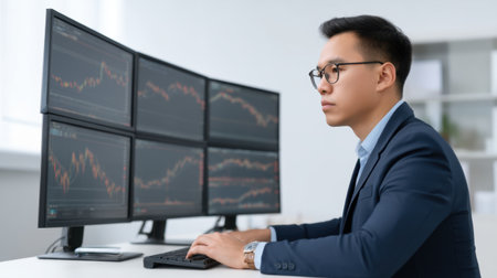 A focused professional man in a stylish suit analyzes financial data on multiple monitors in a bright office, showcasing intricate graphs and trends.の素材