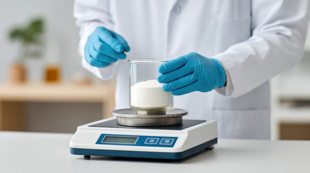 A professional scientist in a lab coat uses an electronic scale to measure a white powder in a modern laboratory, emphasizing precision and safety in research activities.の素材