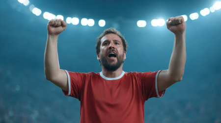 A male fan wearing a red shirt expresses pure joy and excitement while celebrating a sports victory at a vibrant stadium filled with cheering fans.の素材