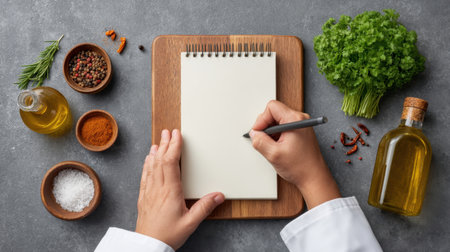 A creative scene featuring a person writing in a notepad, surrounded by fresh herbs and spices, emphasizing culinary preparation and inspiration for delicious recipes.の素材