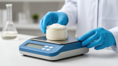 A scientist wearing gloves is carefully measuring a container of powder on a digital scale, showcasing precision in a modern laboratory setting for research purposes.の素材