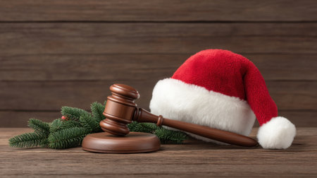 This whimsical image combines a festive Santa hat and a gavel on a wooden surface, capturing the lighthearted intersection of law and holiday spirit.の素材