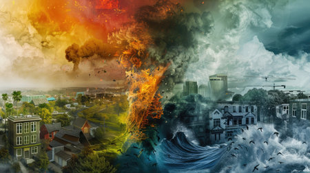 A collage of Earth's natural disasters floods, hurricanes, wildfires all exacerbated by the impacts of global warmingの素材