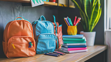 Colorful backpacks, notebooks, and pencils neatly arranged on a desk, ready for the new school year.の素材