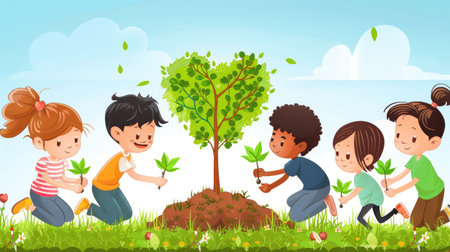Cartoon children planting a heart-shaped tree, symbolizing growth and renewal through organ donation on Organ Donation Day.の素材