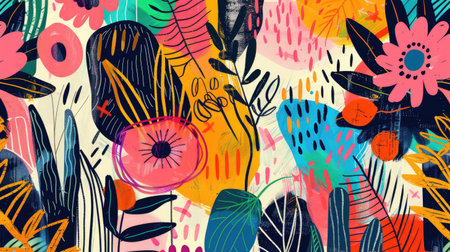 Bohemian pattern background with vibrant, hand-drawn elements and a playful mix of shapes and colors, capturing the boho spirit.の素材
