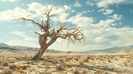 A withered tree in a desert landscape, symbolizing the harsh consequences of global warming on vegetation.の素材