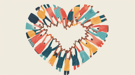 Cartoon image of diverse people forming a heart shape with their hands, symbolizing unity and support for Organ Donation Day.の素材