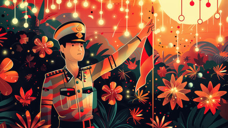 Illustration of an Indonesian soldier saluting the flag against a backdrop of festive decorations for Independence Day.の素材