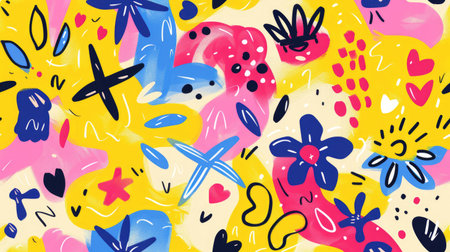 Bright, playful pattern background featuring whimsical illustrations and cheerful colors, great for a fun and lively vibe.の素材