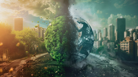 A visual comparison of a healthy Earth and a polluted Earth, highlighting the difference caused by global warming.の素材