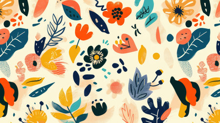 Bright, playful pattern background featuring whimsical illustrations and cheerful colors, great for a fun and lively vibe.の素材