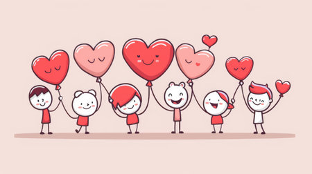 Cartoon illustration of happy characters holding heart-shaped balloons, celebrating Organ Donation Day with smiles and positivityの素材