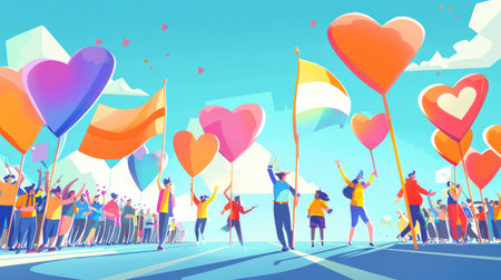 Cartoon of a parade with colorful banners and heart symbols, celebrating Organ Donation Day with joy and community spirit.の素材