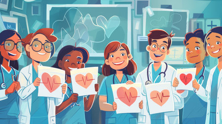 Cartoon of a hospital setting with cheerful doctors and nurses holding organ donation signs, encouraging participationの素材