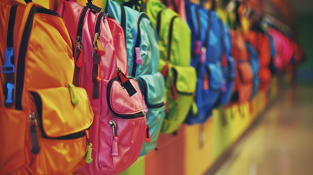 Colorful backpacks hanging on hooks in a school hallway, symbolizing the anticipation of students returning for a new academic year.の素材