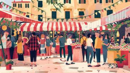 Illustration of a festive Ferragosto market with stalls selling Italian delicacies, decorations, and cheerful crowds.の素材