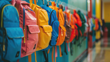 Colorful backpacks hanging on hooks in a school hallway, symbolizing the anticipation of students returning for a new academic year.の素材