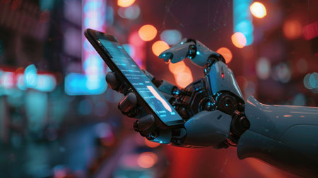 Hand of a person holding a smartphone, chatting with AI through a messaging app, depicting convenient AI communication.の素材