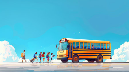 Illustration of a school bus with students and school supplies in the background, leaving space in the sky for text.の素材