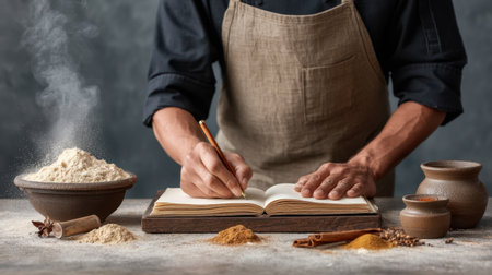 An artisan cook diligently writes a recipe in a rustic kitchen, surrounded by flour and spices, showcasing culinary creativity and preparation techniques.の素材