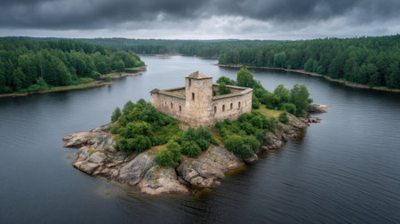 A breathtaking aerial view of a historic castle ruin perched on an island, embraced by lush greenery and calm waters, under a moody overcast sky. Perfect for exploration themes.の素材