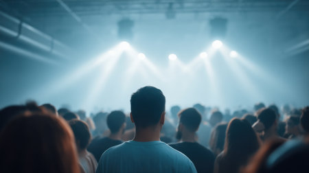 A vibrant crowd gathers at a nightclub, immersed in the energy of a live music event, highlighted by dramatic lighting and a sense of shared excitement.の素材