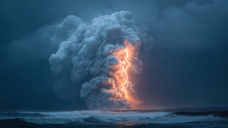 A breathtaking thunderstorm unleashes a powerful display of lightning over the ocean, creating a stunning contrast between dark clouds and bright flashes.の素材