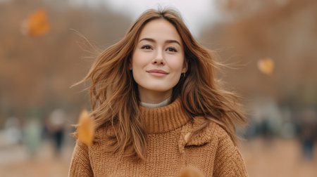 A cheerful young woman stands outdoors amidst autumn leaves, radiating joy in a cozy sweater. She embodies happiness and tranquility, set against a picturesque backdrop.の素材