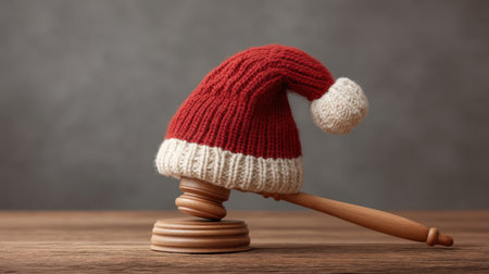 A whimsical image featuring a cozy red and white knit Christmas hat resting on a gavel, blending holiday spirit with legal symbolism. Perfect for seasonal themes.の素材