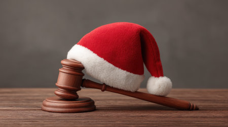 A wooden gavel wearing a vibrant red Santa hat creates a playful fusion of legal authority and holiday spirit, perfect for themes of justice during festive seasons.の素材