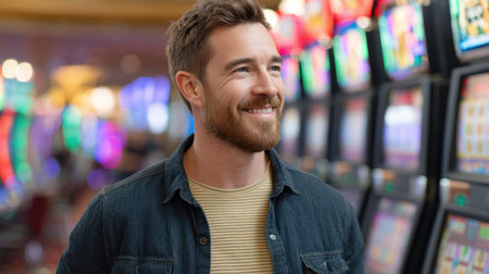A joyful man stands in a lively casino, surrounded by bright slot machines. His smile radiates happiness as he enjoys the vibrant gaming environment filled with excitement.の素材