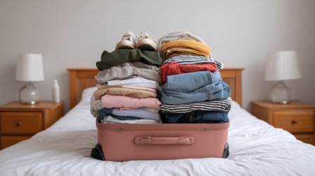 A pink suitcase packed with neatly arranged clothing and shoes sits on a bed in a minimalistic bedroom, ready for an exciting travel adventure and vacation.の素材