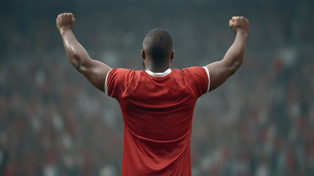 An athlete in a bright red jersey celebrates victory by raising arms in triumph against a backdrop of an excited crowd in a dynamic stadium environment.の素材