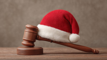 A charming image depicting a gavel adorned with a Santa hat, blending the themes of law and holiday spirit in a whimsical way for creative projects.の素材